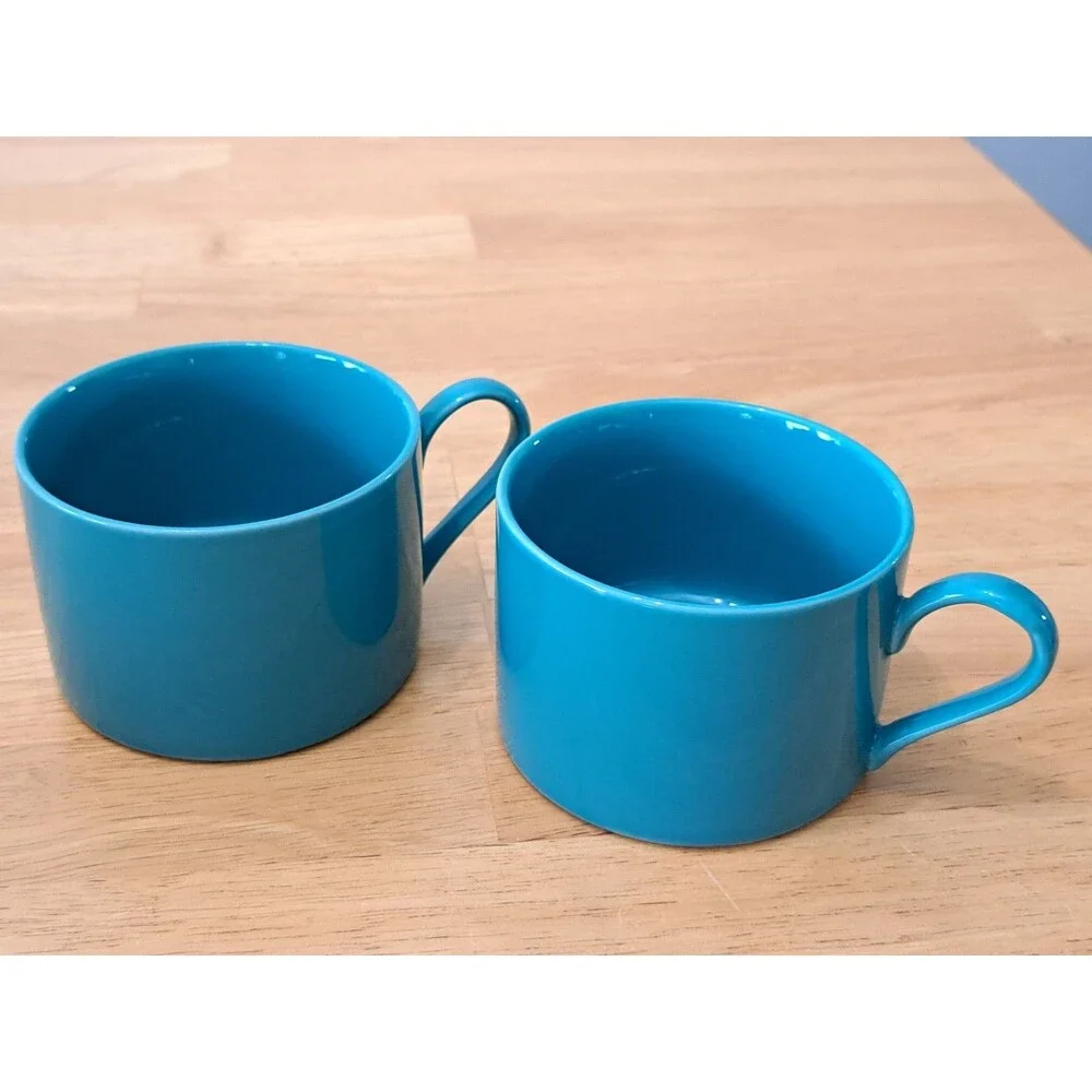 2 Crate & Barrel Teal Blue Small Coffee Cups Mugs Porcelain